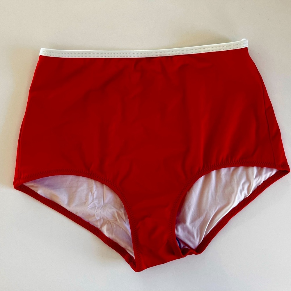 Solid & Striped Red High Waist Bikini Swim Bottoms with White Band - Small - NWT